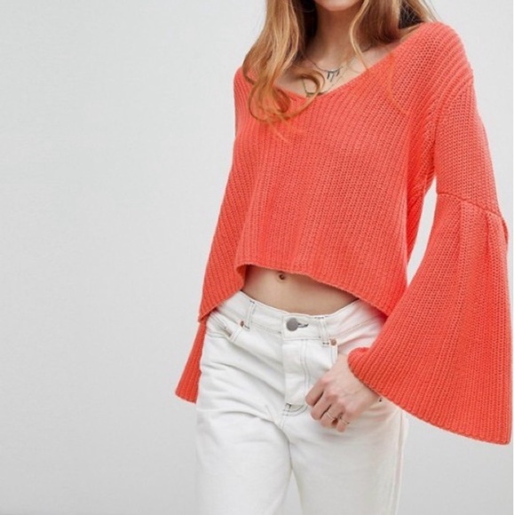 Free People Damsel Bell Sleeve Sweater in Coral Sz Medium 100% Cotton - Picture 2 of 12